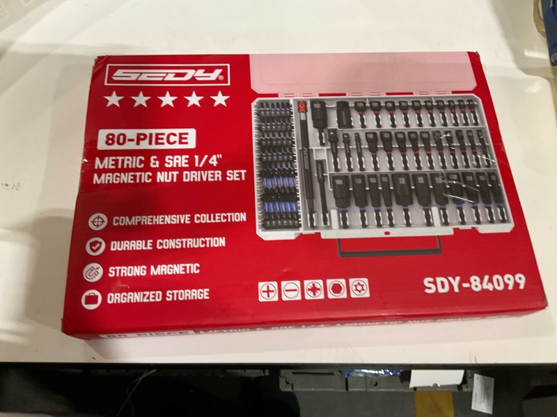 Condition photo showing New/Like New for 80-piece premium magnetic impact nut driver set metric & sae with socket adapters, bit holder, wing nut driver, universal sockets, quick release extension, power bits multi-use kit