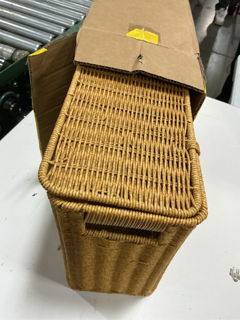Condition photo showing Good Condition for pumtus woven storage basket with lid, 3 gallon decorative plastic organizer box with handle, rectangle narrow tall trash can toilet paper holder, household container bin for wardrobe, magazines, toys