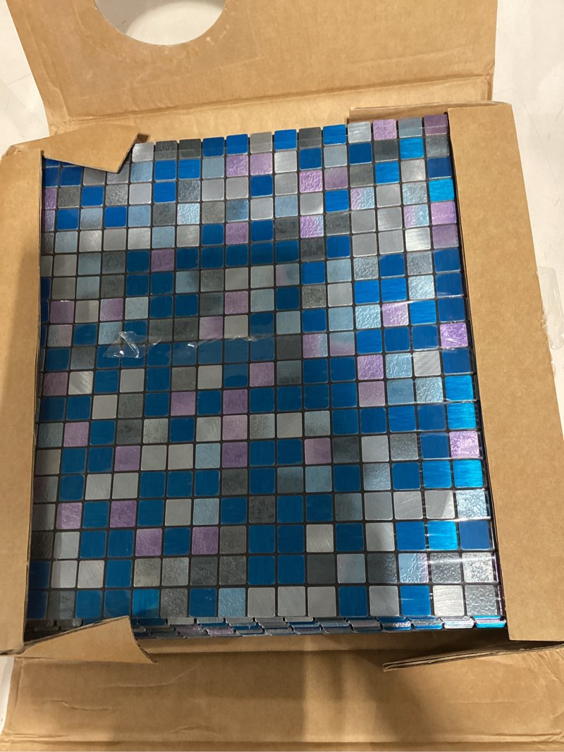 Condition photo showing Good Condition for peel and stick metal backsplash tile stick on kitchen 3d wall decor aluminum mosaic tiles for bathroom, 12"x12"x0.15" (10, brushed+blue) 10 brushed+blue
