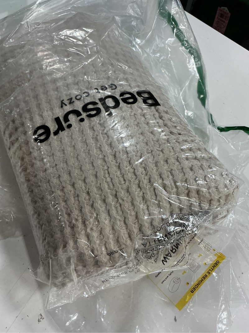 Condition photo showing New/Like New for bedsure 100% cotton blanket queen size for spring summer, waffle weave thin lightweight breathable blanket for bed, cotton bedding room decor gifts for women, men, linen beige, 90" x 90" linen beige queen (90" x 90")