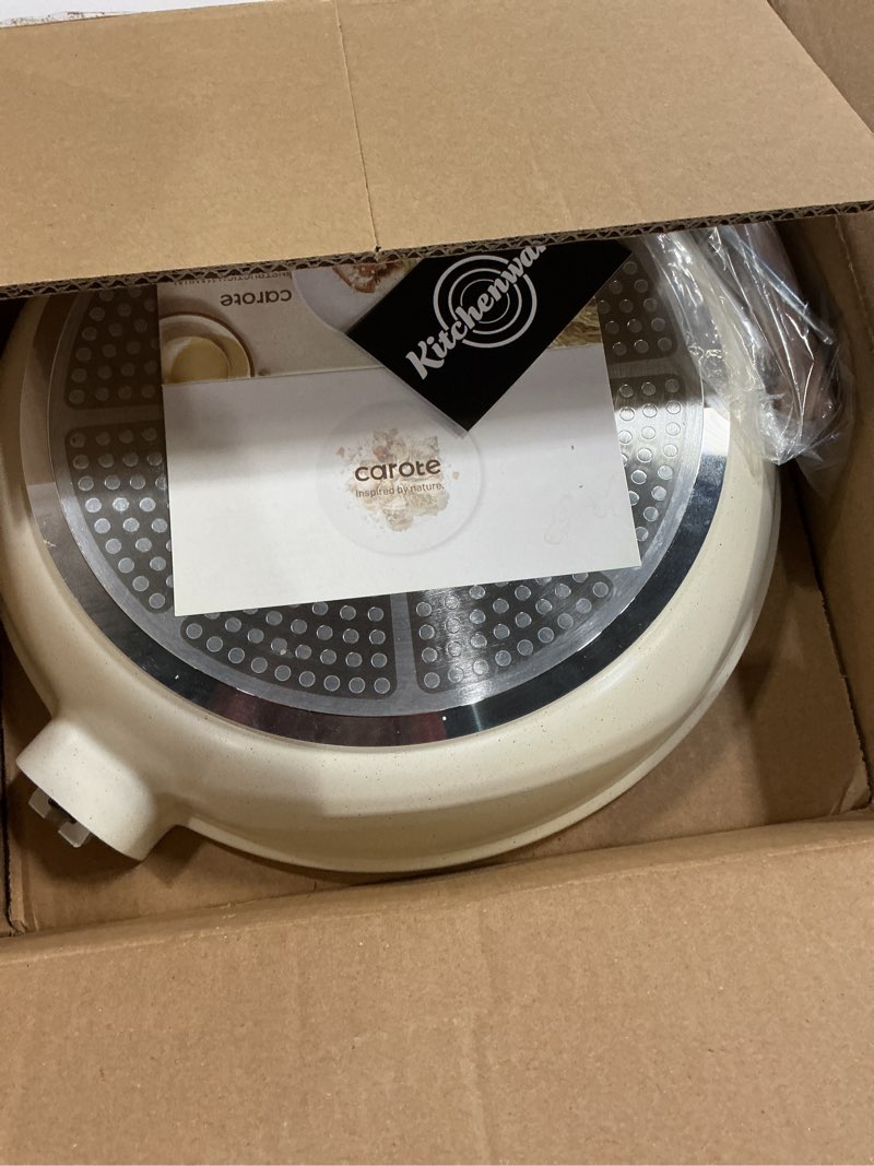 Condition photo showing As Is for carote non stick frying pan skillet, omelet pan, healthy non toxic granite chef pan, induction compatible egg frying pan with heat-resistant handle, pfoa-free, cream white, 12" cream white 12"