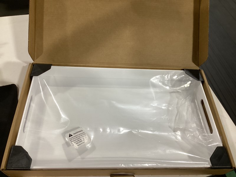 Condition photo showing New/Like New for glossy white acrylic serving tray with handles-butler trays for coffee table, snacks,breakfast in bed, kitchen countertop,vanity,makeup organizer,ottoman (white, 12x20 inches) white 20" x 12" x 2"