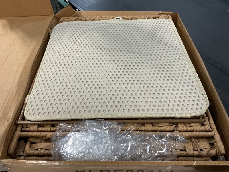 Condition photo showing Good Condition for cat litter box enclosure with soft litter mat; hidden cat washroom furniture with door; handwoven rattan cat house; pet crate for living room, bedroom, balcony (natural) 18.2'' l x 18.2'' w x 24.2'' h natural