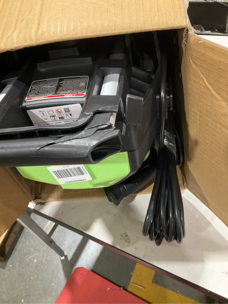 Condition photo showing As Is for 5000psi 4.0gpm heavy duty electric pressure washer with 33 ft extension hose, 4 quick connect nozzles and foam cannon for cars/fences/driveways/patios/home cleaning, green