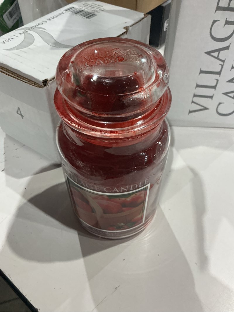 Condition photo showing As Is for village candle crisp apple large glass apothecary jar scented candle, 21.25 oz., red