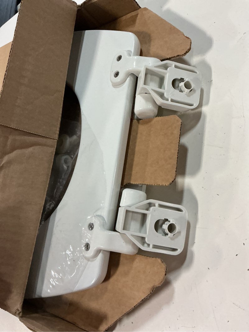 Condition photo showing As Is for mayfair linden slow close toilet seat, non slip heavy duty wood, easy install, round, white round traditional hinge