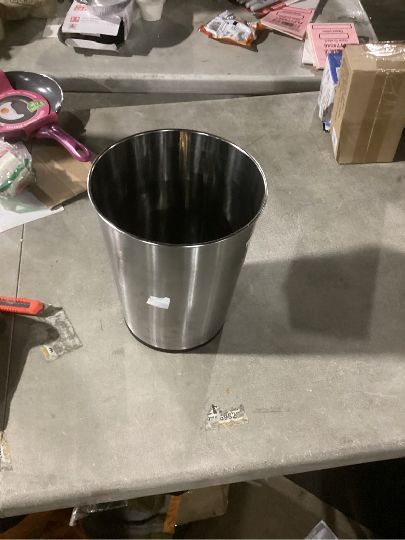 Condition photo showing Good Condition for bath bliss 5 liter small wastebasket, stainless steel | compact round open top trash can | durable bathroom bedroom dorm office garbage bin | stylish space-saving waste disposal container stainless steel 1 pack
