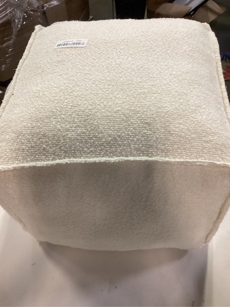 Condition photo showing As Is for ZICOTO Beautiful Boucle Pouf Ottoman and Foot Rest - Elevate Your Living Room Decor with Lightweight Comfort and Charm - A Round Modern Foam Filled Foot Stool Perfect to Rest Your Feet Beige