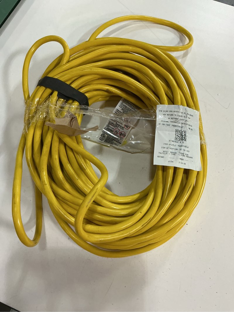 Condition photo showing As Is for hyper tough 12awgx3c 100ft indoor and outdoor heavy duty yellow vinyl extension cord