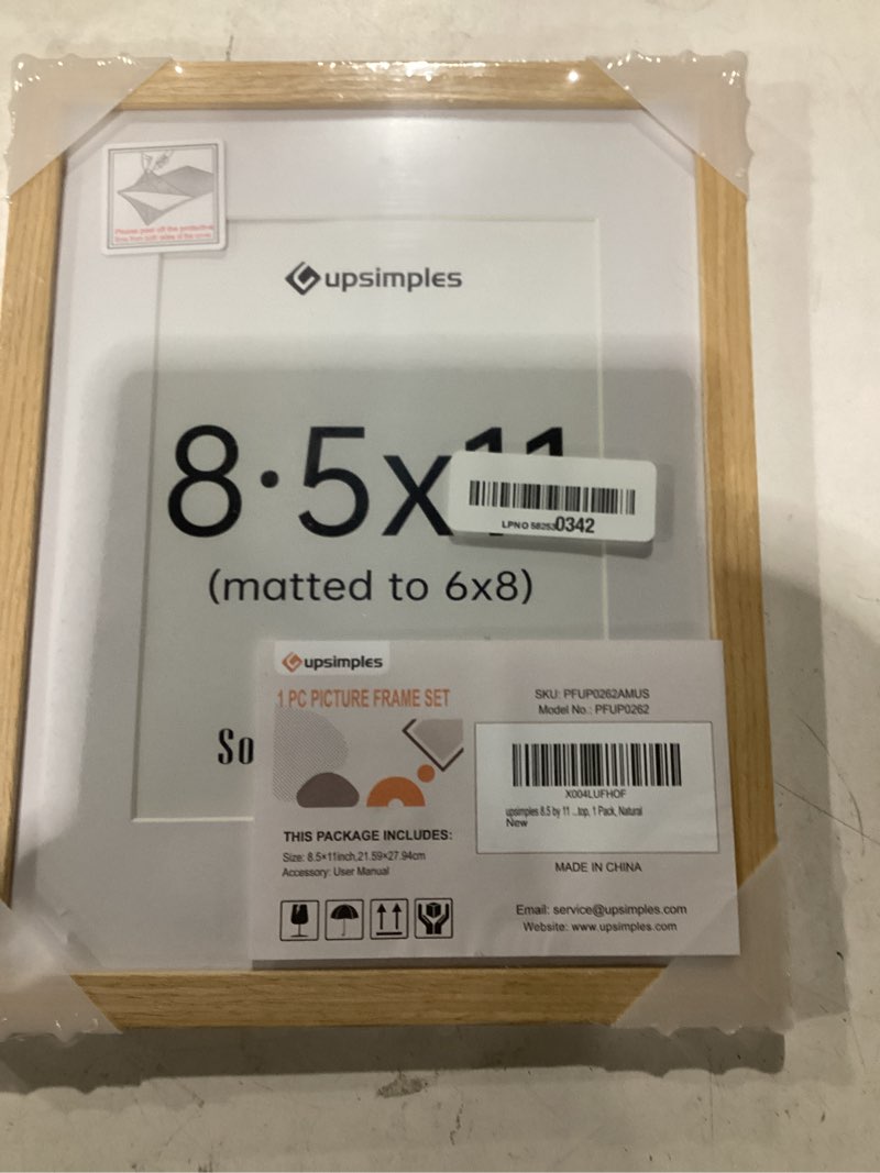 Condition photo showing New/Like New for upsimples 8.5 by 11 picture frame, natural solid wood picture frames, display 6x8 with mat or 8.5 x 11 without, wall or tabletop, 1 pack, natural natural 8.5x11