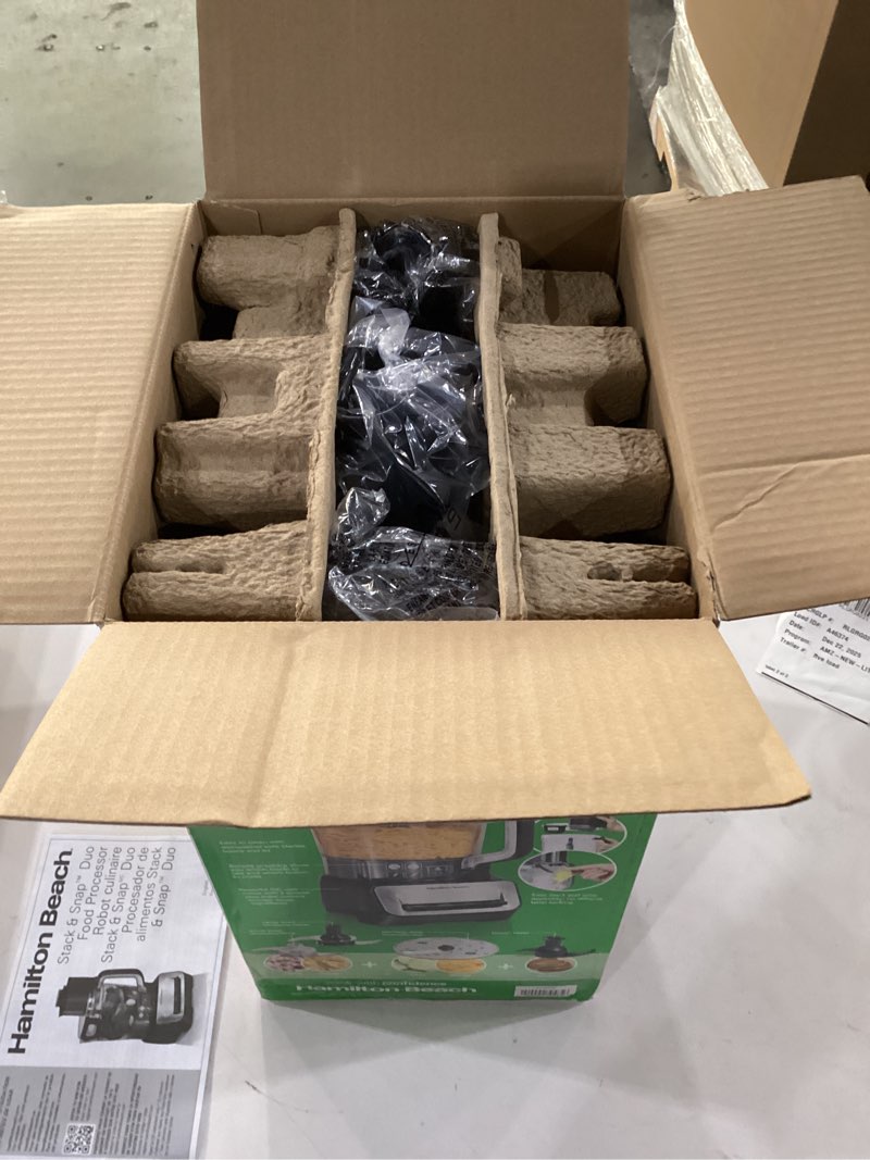 Condition photo showing New/Like New for NOT TESTED Hamilton Beach Stack & Snap Food Processor and Vegetable Chopper, Stainless Steel Blades, 14 Cup + 4-Cup Mini Bowls, 3-Speed 500 Watt Motor, Black (70585)