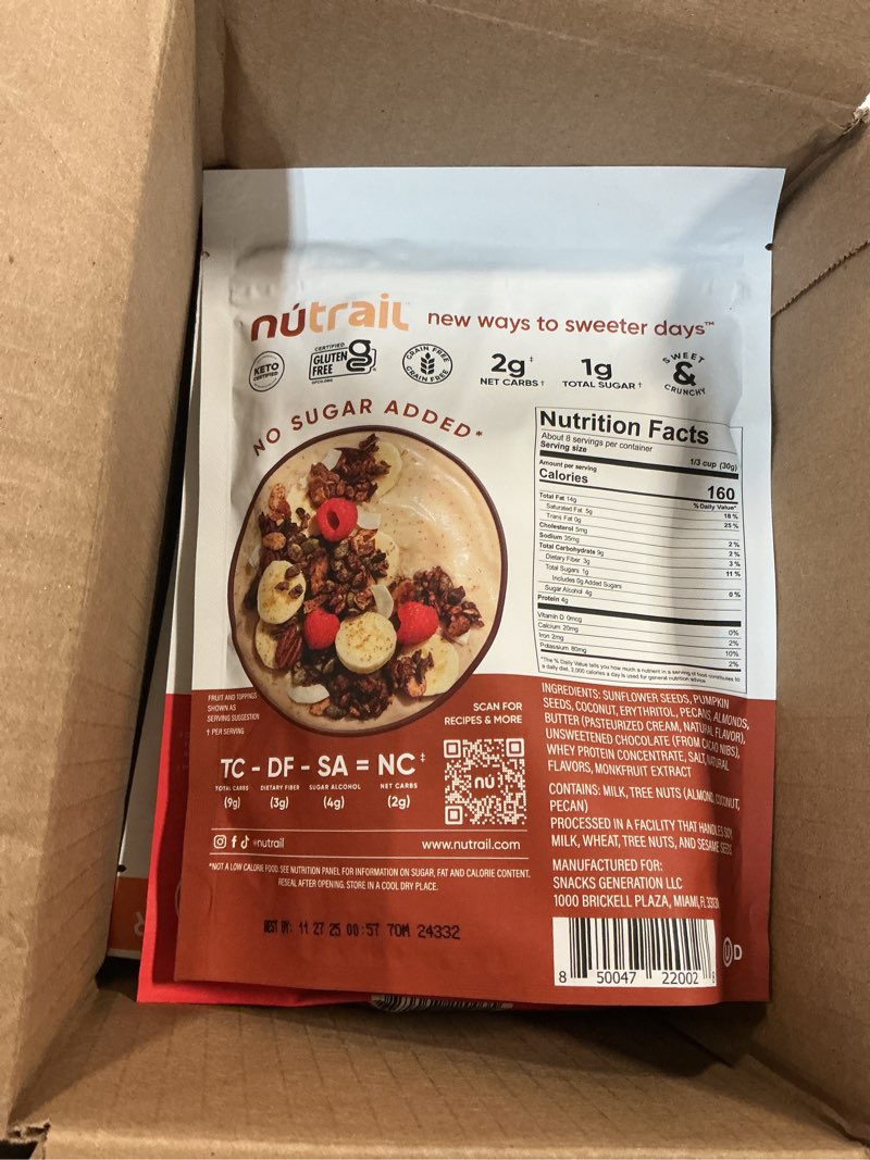 Condition photo showing New/Like New for (Best by:11/27/25) NuTrail Nut Granola, Variety Pack, No Sugar Added, Gluten Free, Grain Free, Keto, Low Carb, Healthy Breakfast Cereal 8 oz. 6 Count 8 Ounce (Pack of 6)