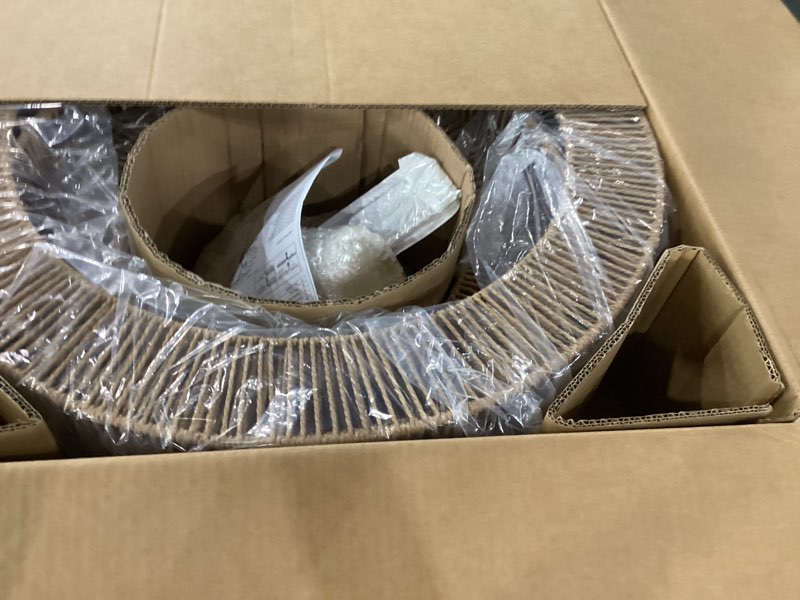 Condition photo showing New/Like New for 25.6" large boho rattan chandelier light fixtures,5-tier hand-woven coastal chandelier,6-light farmhouse wicker drum chandelier hanging light for dining room kitchen living room foyer 6-light (d)25.6 in