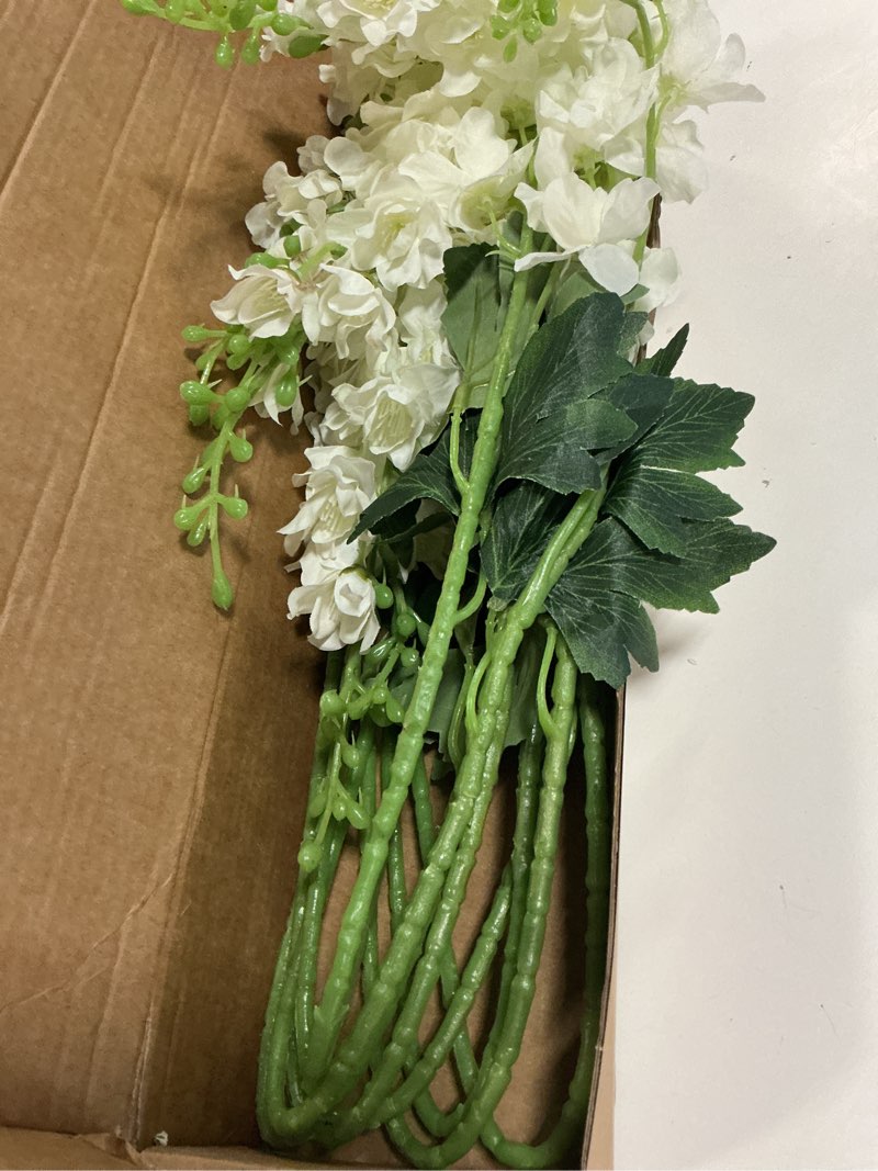 Condition photo showing Good Condition for 8 pcs white delphinium artificial flowers, 34.25''artificial snapdragon flowers tall fake flowers silk flowers faux delphinium bulk for tall vase home wedding garden table decor (white)