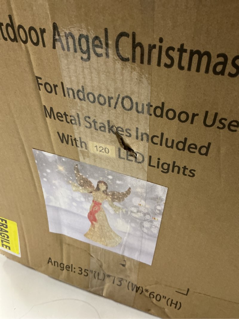 Condition photo showing As Is for 5FT Outdoor Angel Christmas Decoration - Pre-Lit Outdoor Christmas Decorations Angels with 120 LED Lights - Elegant Winged Holiday Figure for Lawn with Bow, Halo, Extension Cord and Ground Stakes