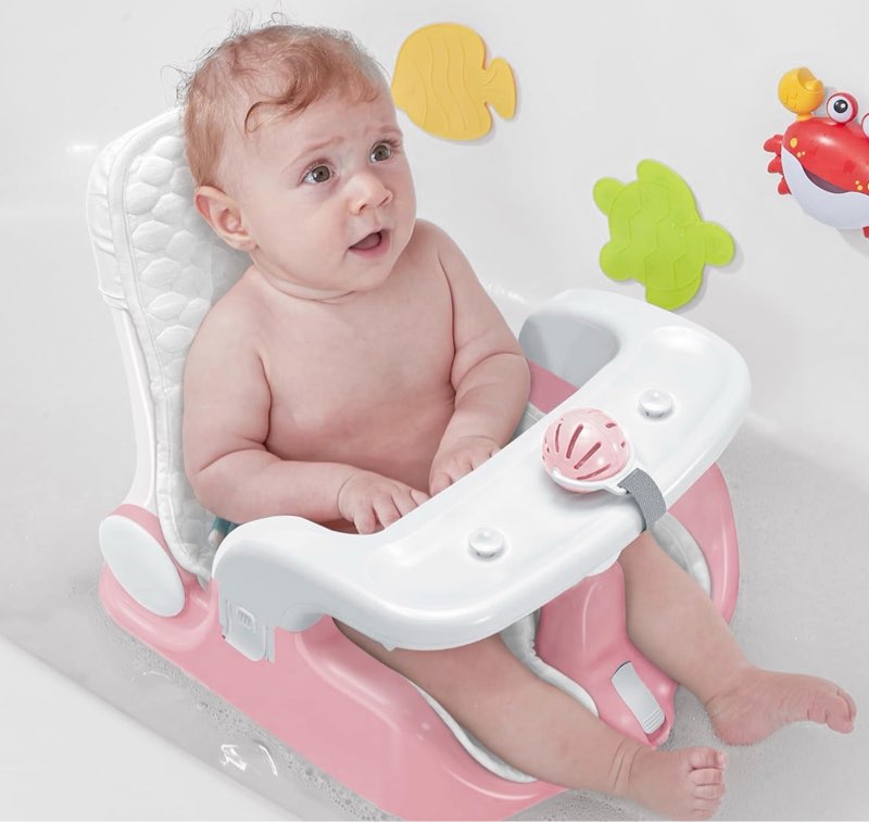 BabyBond Baby Bath Seat with Sitting & Lying 2 Modes, 3-Speed Adjustment, Powerful Suction Cups, Infant Bathtub Chair with Soft and Comfortable Towel, Folding and Hanging