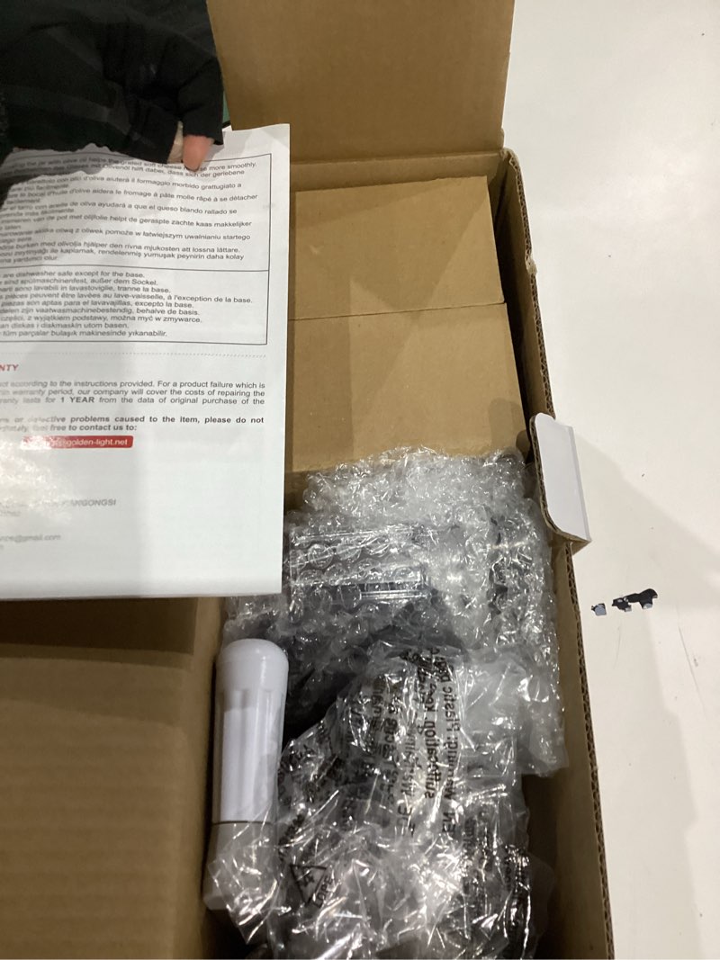 Condition photo showing Good Condition for geedel rotary cheese grater cheese shredder - upgraded 5-in-1 cheese grater with handle and strong suction base, multi-purpose vegetable slicer ice shaver nuts grinder for ice, vegetables, fruit, nuts grey white 5 blades