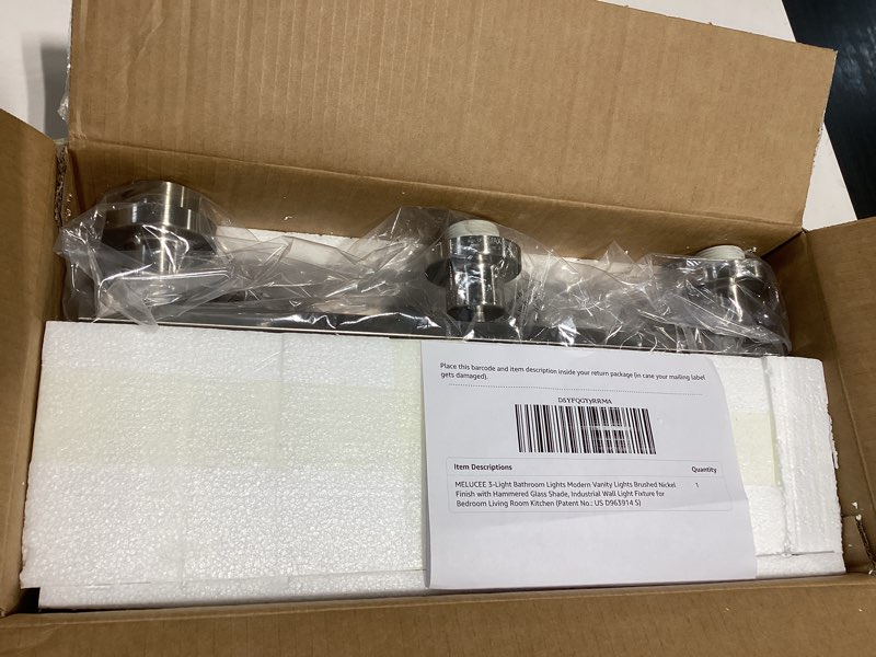 Condition photo showing New/Like New for melucee 3-light bathroom lights modern vanity lights brushed nickel finish with hammered glass shade, industrial wall light fixture for bedroom living room kitchen (patent no.: us d963914 s) 3 lights brushed nickel