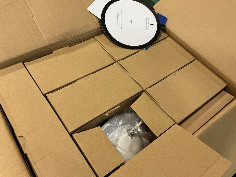 Condition photo showing As Is for Amico 12 Pack 6 Inch 5CCT Gimbal LED Recessed Ceiling Light, 360°&90° Adjustable Eyeball Directional Can Lights, Dimmable Retrofit Wafer Downlight with Jbox, 12W 1200LM CRI90+, White, ETL&FCC White 6 Inch