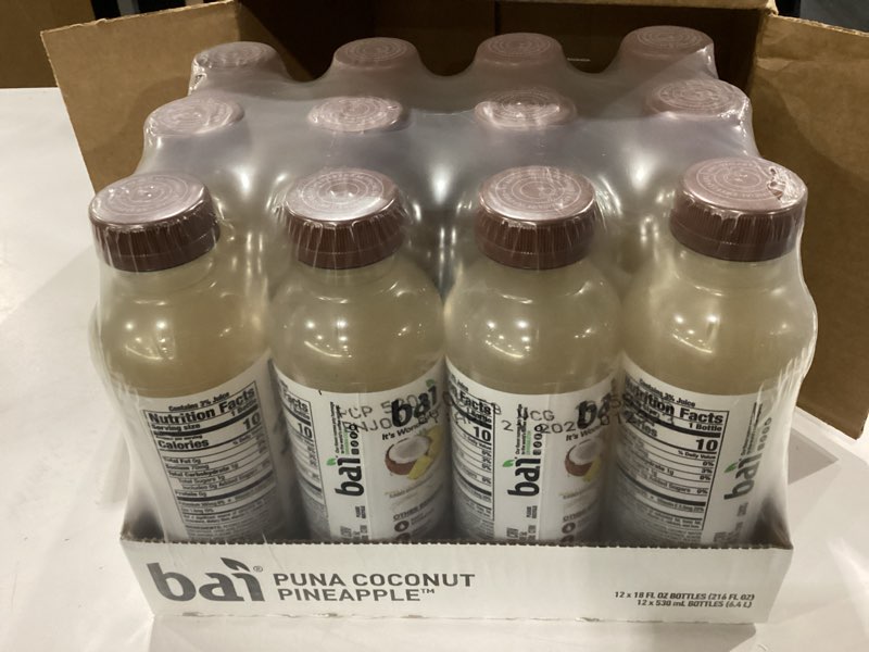 Condition photo showing New/Like New for Bai Antioxidant Infused Water Beverage, Puna Coconut Pineapple, with Vitamin C and No Artificial Sweeteners, 18 Fluid Ounce Bottle, 12 Pack Puna Coconut Pineapple 12 Pack… Best By: 04/21/2026