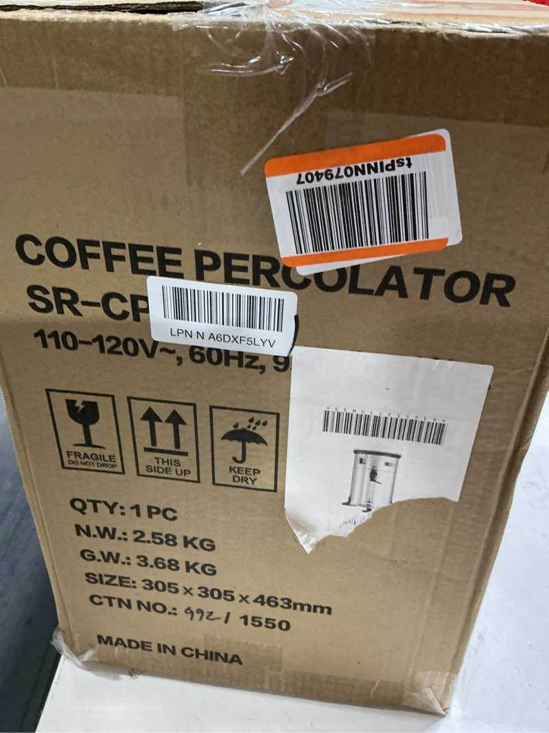 Condition photo showing As Is for sybo sr-cp-50b commercial grade stainless steel percolate coffee maker hot water urn for catering, 50-cup 8 l, metallic 8l metallic