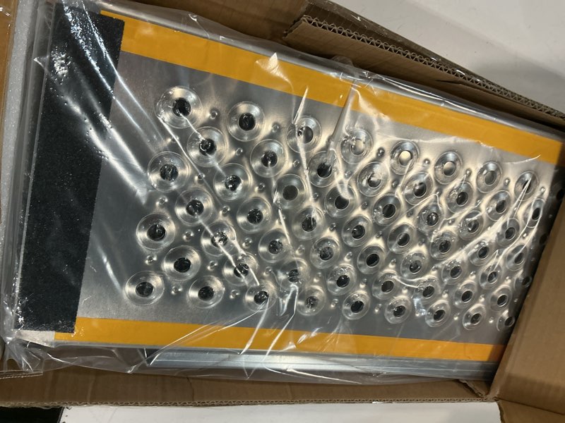 Condition photo showing Good Condition for Aluminum Shed Ramp 2PC, 4' Long 8" Wide Loading Ramp for Riding Mower, 880 lbs Capacity for Lawn Mower, ATV, Motorcycle, Lightweight Sturdy Anti-Slip Ramps with Punch Plate Surface