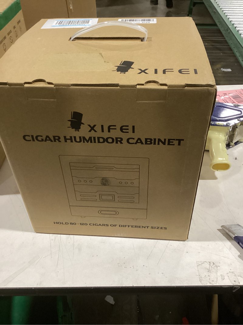 Condition photo showing New/Like New for XIFEI Cigar Humidor Cabinet, Glass Top & Adjustable LED Lighting, Digital Hygrometer, 2 Humidifiers, Cigar Tube, Desktop Cedar Wood Humidor with Accessory Drawer for 80-100 Cigars, Ideal Men's Gift Dark Brown