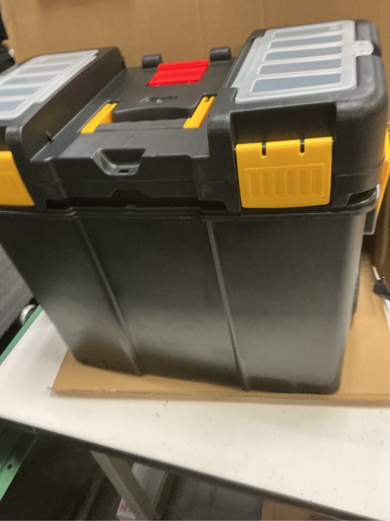 Condition photo showing As Is for rolling tool box with wheels, foldable comfort handle, and removable top – toolbox organizers and storage by stalwart