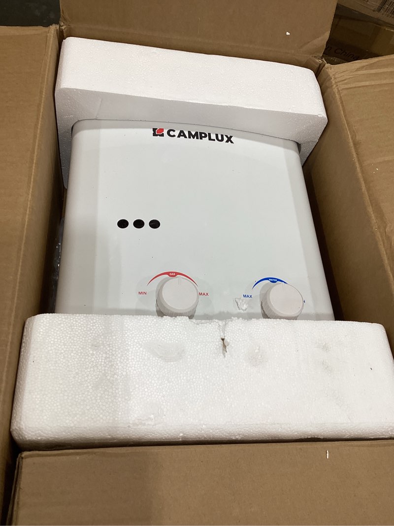 Condition photo showing Good Condition for camplux 5l outdoor portable water heater, 1.32 gpm tankless propane gas water heater for rv, camping, barns, white