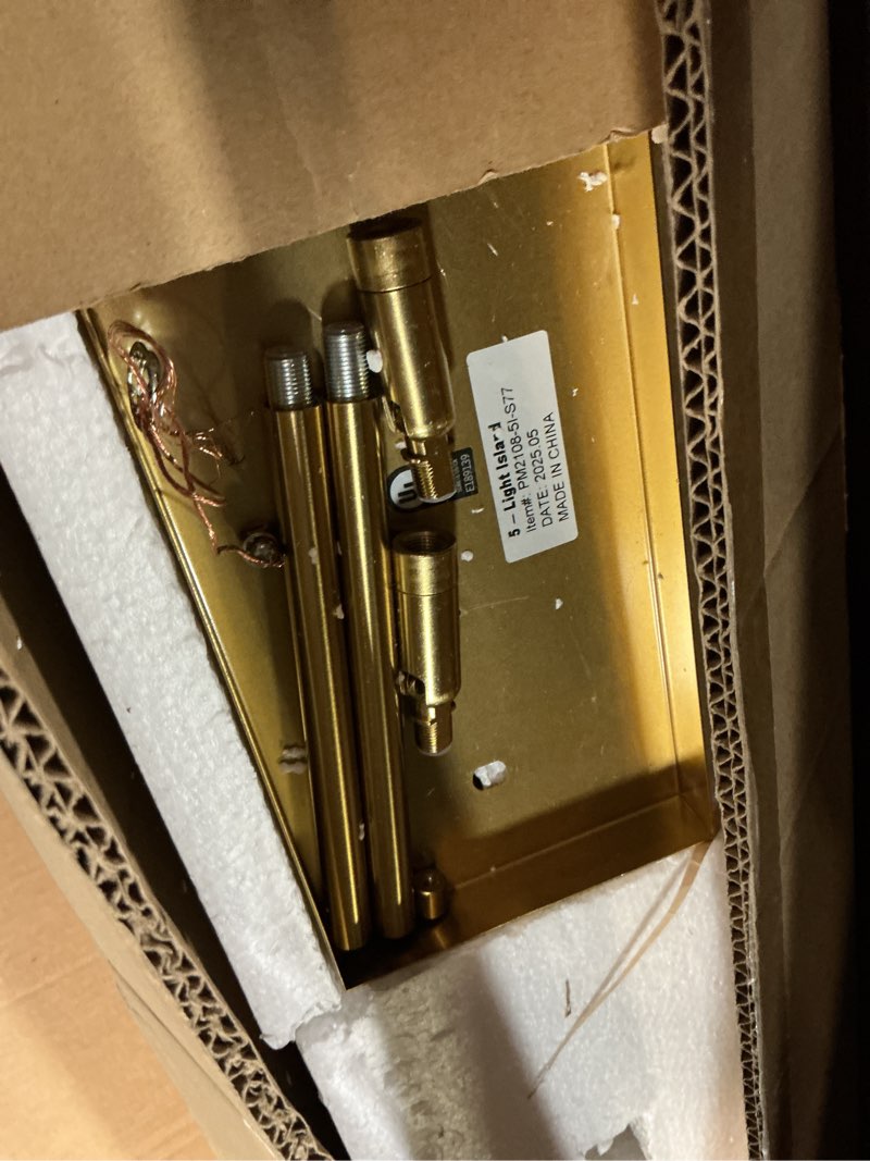 Condition photo showing Good Condition for mavcadonf Kitchen Island Light, 5-Light Dining Room Lighting Fixtures Hanging, Farmhouse Linear Pendant Light for Kitchen Island Table Living Room with Adjustable Rods, Brushed Gold Brushed Gold 5-Light