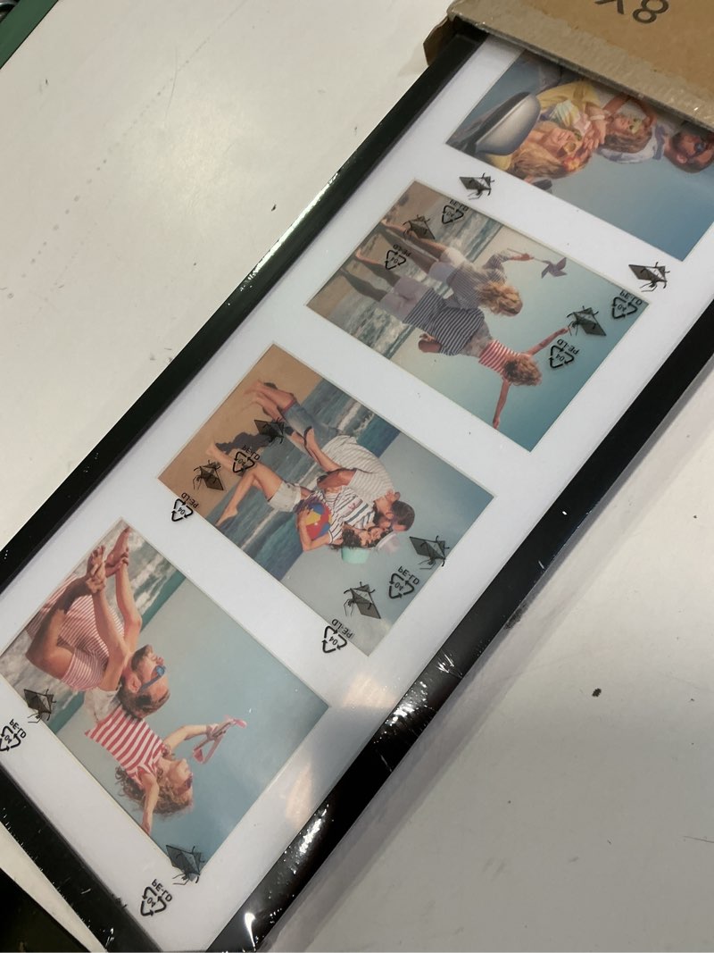 Condition photo showing New/Like New for decorUhome 8x20 Picture Frames Collage Wall Decor, Display 4Pcs 4x6 Photos with Mat or 1Pcs 8x20 Unmatted, 4 4x6 Collage Picture Frames for Wall Mounting, Black 8x20 (4-4x6) Black