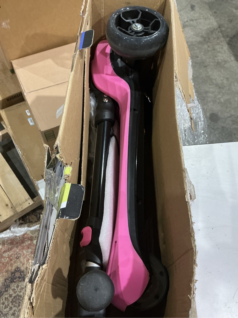 Condition photo showing As Is for 24v electric scooter for kids w/150w powerful motor, thumb throttle, lcd screen, bluetooth, light-up stem deck & wheels, 3 adjustable heights, 5mph safe speed, 3 wheel electric scooter for kids pink
