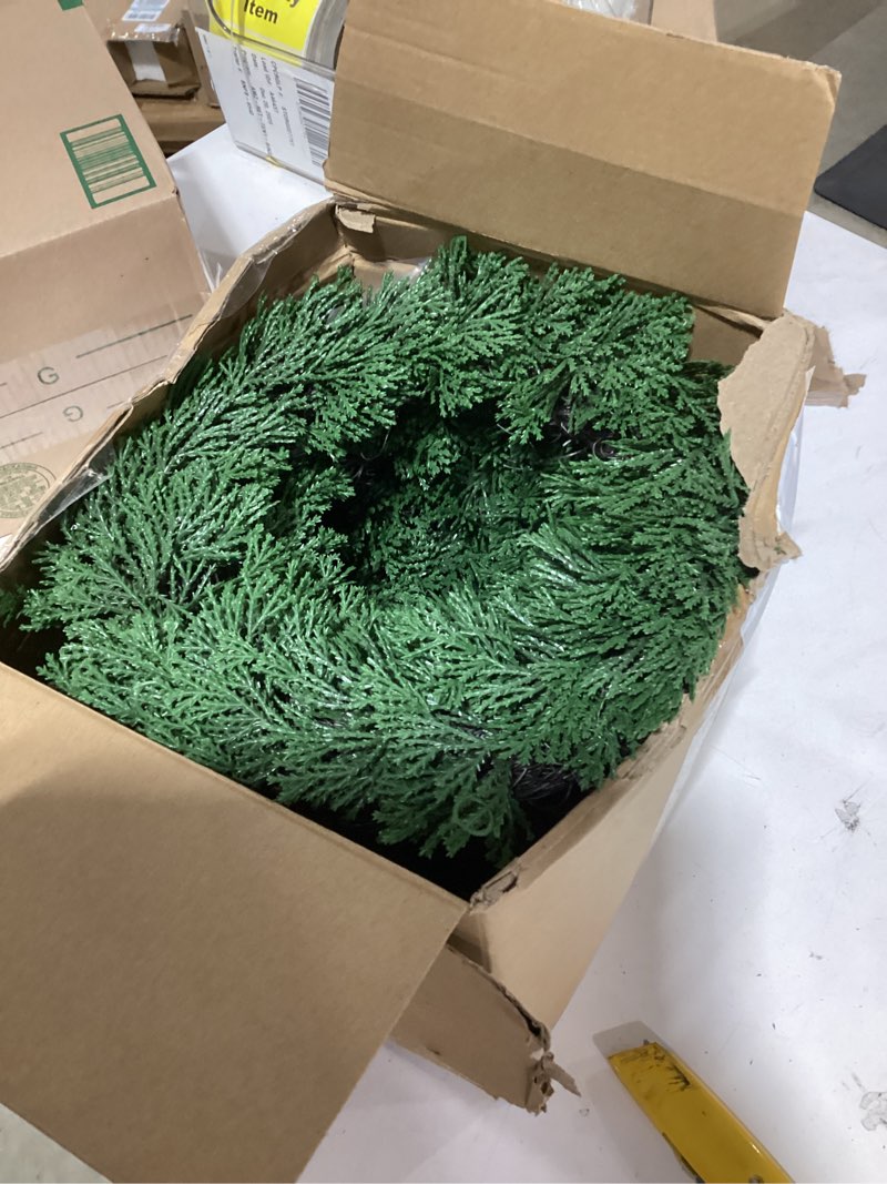 Condition photo showing As Is for Dingion 8 Pcs 10 Inch Christmas Cedar Wreath for Front Door, Real Touch Artificial Green Christmas Wreath for Home Indoor Outdoor Wall Window Porch Farmhouse Winter Decorations and Holiday Greenery