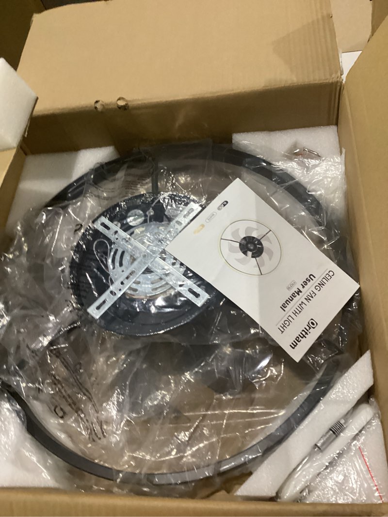 Condition photo showing New/Like New for 20" low profile ceiling fans with lights and remote & app, dimmable 3000-6500k led fandelier ceiling fan with light, modern flush mount ceiling fan light for living room, bedroom and kitchen black 20 inch
