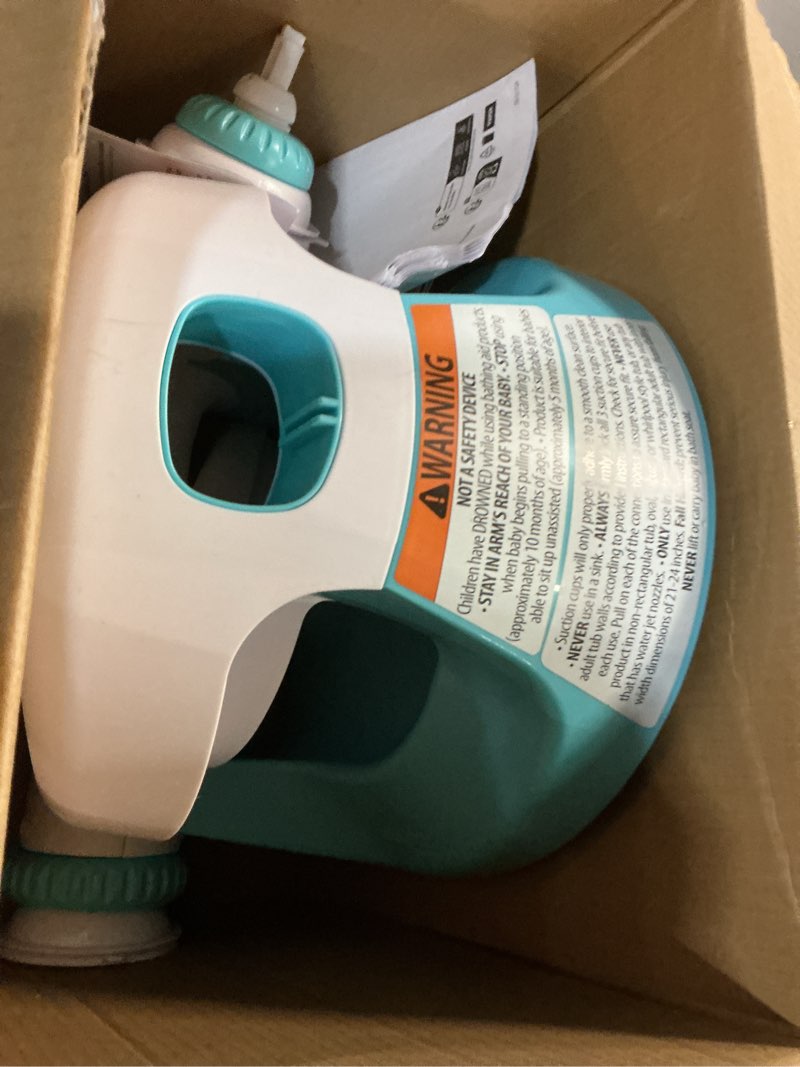 Condition photo showing As Is for ingenuity my bath seat for sit-up baby bathing, sure & secure suction cups, astm safety tested & approved, backrest for assisted sitting, easy setup & storage, aqua