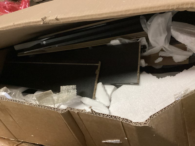 Condition photo showing As Is for (Incomplete,missing pcs)42\" Makeup Vanity Desk with Mirror and Lights, & Power Outl, Glass Top Big Vanity Table with 9 Drawers& 8 Storage Shelves, Dressing Table Set with Chair for Bedroom, White White 15.75D*43.31W*57.48H