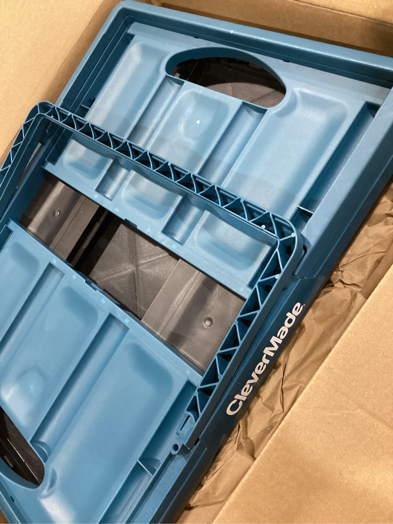 Condition photo showing As Is for clevermade collapsible milk crate 25l (6.6 gal), 50 lb capacity heavy duty folding crate – stackable storage crates with file rails, plastic collapsible crates - obsidian obsidian 1 pack blue
