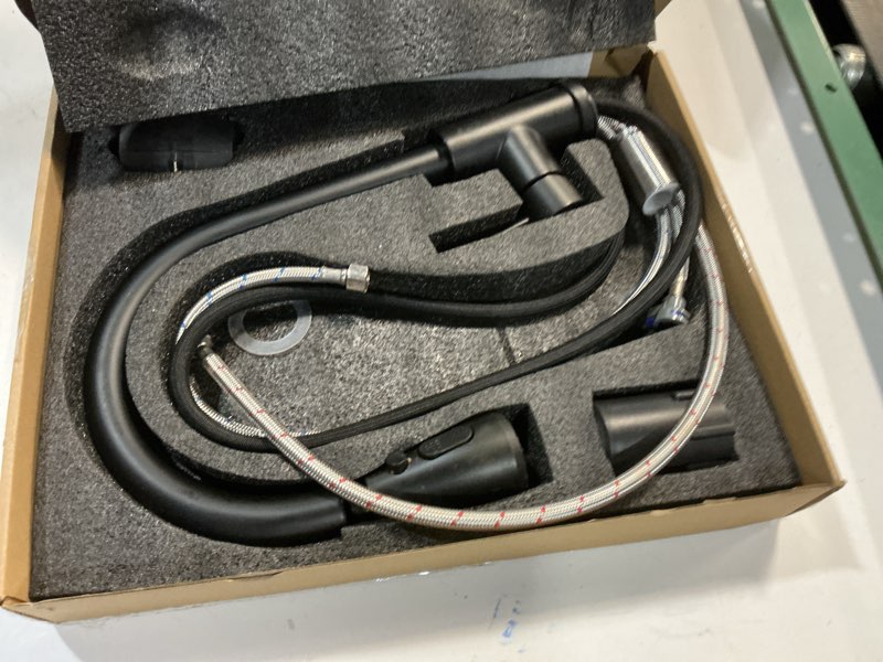 Condition photo showing As Is for black kitchen faucet, single handle matte black kitchen faucets with pull down sprayer, stainless steel suitable for 1 or 3 hole sinks for farmhouse, rv, laundry, bar, ht-kyt010b-d, ht-kyt010b-d-new matte black single handle