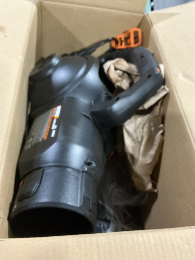 Condition photo showing As Is for worx trivac 3 in 1 electric leaf blower for lawn care, leaf vacuum with 600 cfm, leaf mulcher with metal impeller, wg512 600cfm blower/vac/mulcher