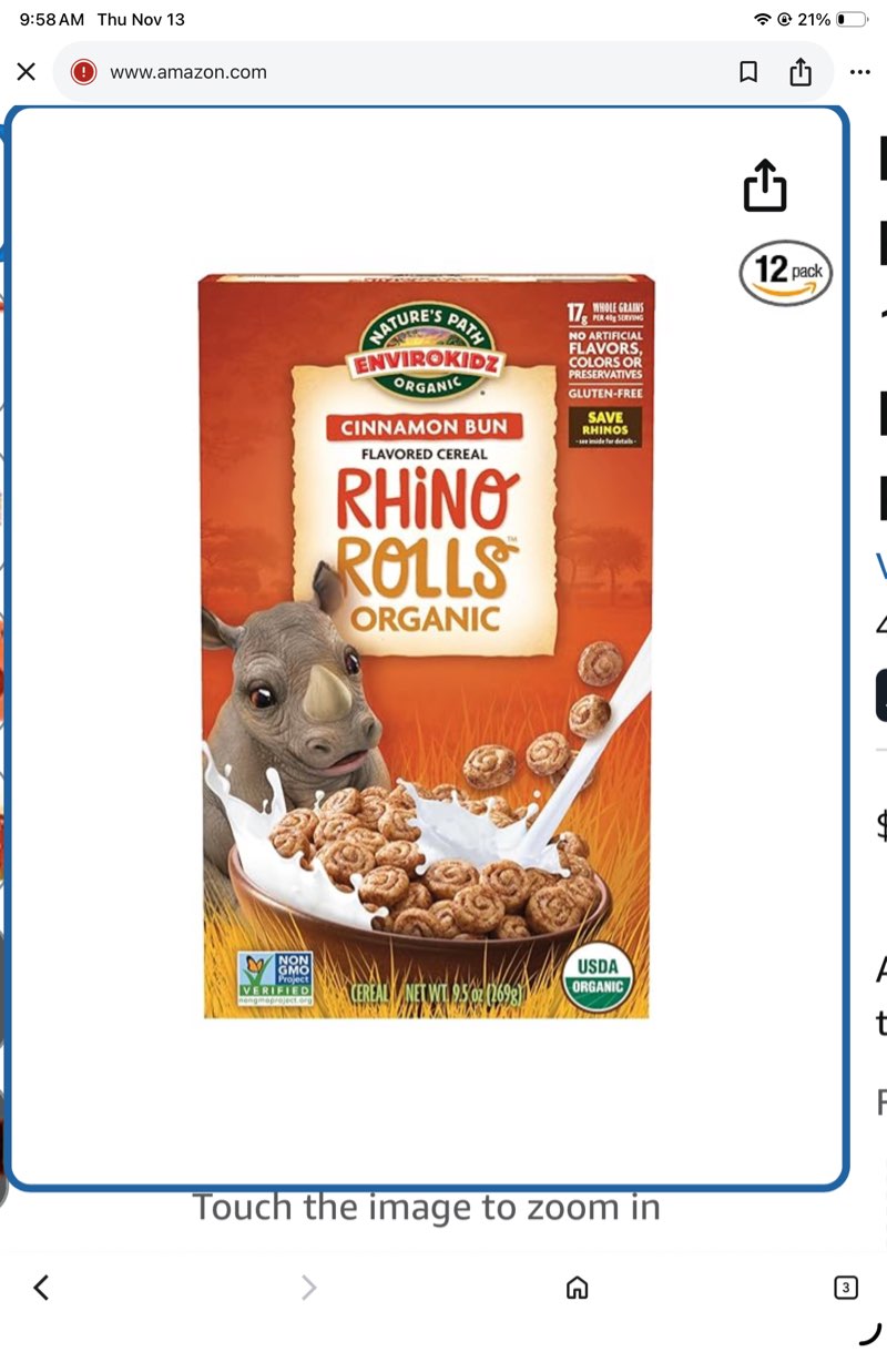 EnviroKidz Organic Rhino Rolls Cereal, 9.5 oz (Pack of 12), Cinnamon Bun, Gluten Free, Non-GMO, by Nature's Path