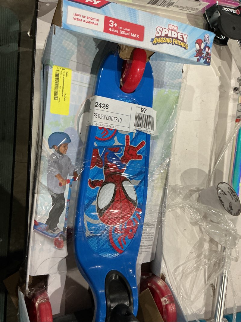 Condition photo showing Good Condition for marvel spidey and his amazing friends 3-wheel lights and sounds kick scooter for boys, ages 3 years up, blue, by huffy