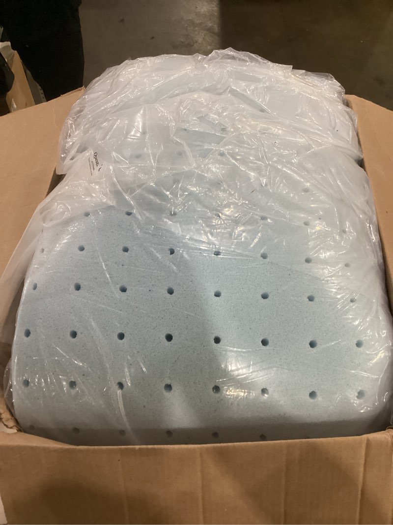 Condition photo showing As Is for similar to, unknown size**** amazon basics cooling gel-infused memory foam mattress topper, certipur-us certified, 3 inches, queen, blue