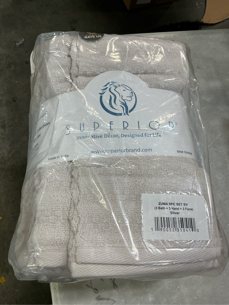 Condition photo showing New/Like New for Superior Zuma Zero Twist Cotton Medium Weight Towels, for Guest Bath, Bathroom, Shower, Spa, Plush Towels, Bath Essentials, Waffle Textured Stripes, 9 Piece Assorted Towel Set, Silver