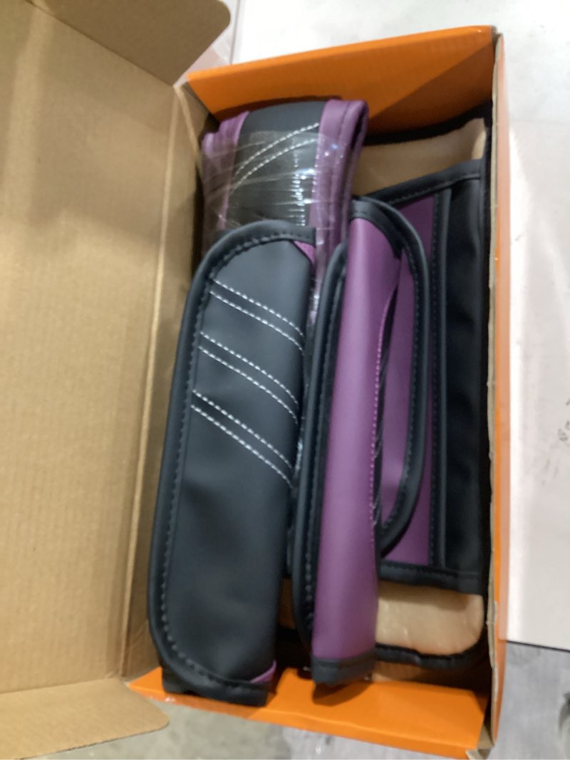 Condition photo showing Good Condition for nbtepem 6 pcs purple car accessories set, sport leather steering wheel cover 14.5-15inch universal, leather car center console cover, seat belt cushion, cup holder coaster (black-purple) purple steering wheel cover set