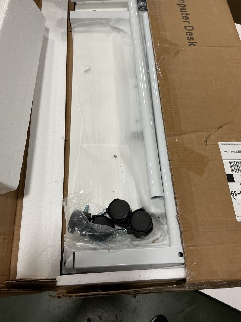 Condition photo showing As Is for KLSMYHOKI Portable Standing Desk Adjustable Height, Small Computer, Laptop, Mobile Stand Up Rolling Desk with Wheels, Table for Home Office, 16"x31.5" Height 27"-43.5", White