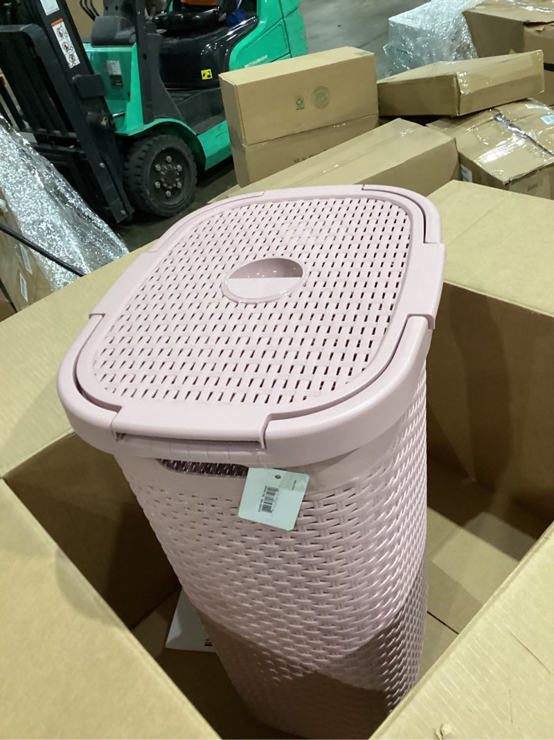 Condition photo showing Good Condition for Mind Reader Slim Laundry Hamper with Lid, 60L Clothes Basket, Premium Wicker Design, Plastic, Pink