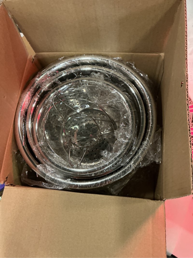 Condition photo showing New/Like New for palksky stainless steel colander set with self-draining base, 3 sizes colanders & food strainers for pasta, rice, fruits & veggies, metal colander with draining plate for sink or countertop 3 sizes stainless steel colander set with self-draining base plate