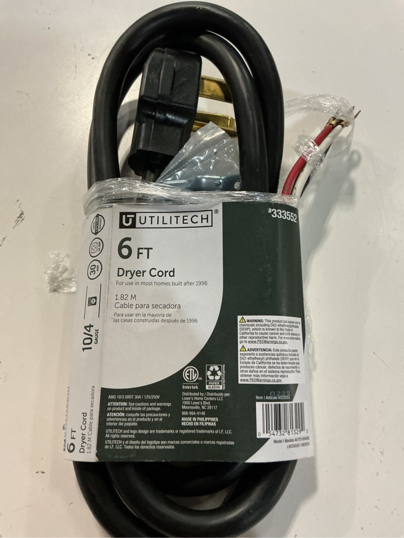 Condition photo showing As Is for utilitech 6-ft 30 -amp 4 -prong black dryer appliance power cord