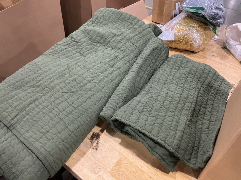 Condition photo showing As Is for wdcozy 100% cotton full/queen size quilt set - olive green box pick stitch soft lightweight bedspread, textured like linen, farmhouse country rustic coverlet, shabby chic gauze bedding, 2 pillowcases