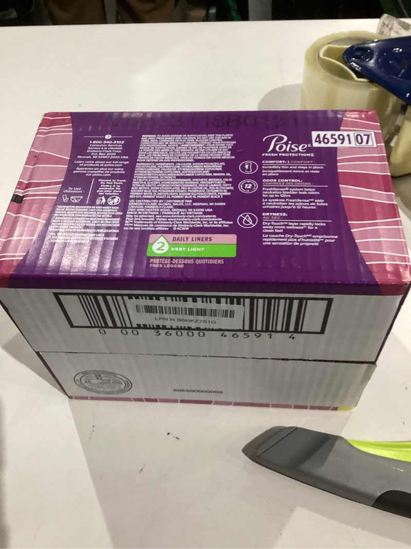 Condition photo showing New/Like New for poise daily liners, incontinence panty liners for bladder leaks, 2 drop very light absorbency, regular length, 126 count of pantiliners, packaging may vary